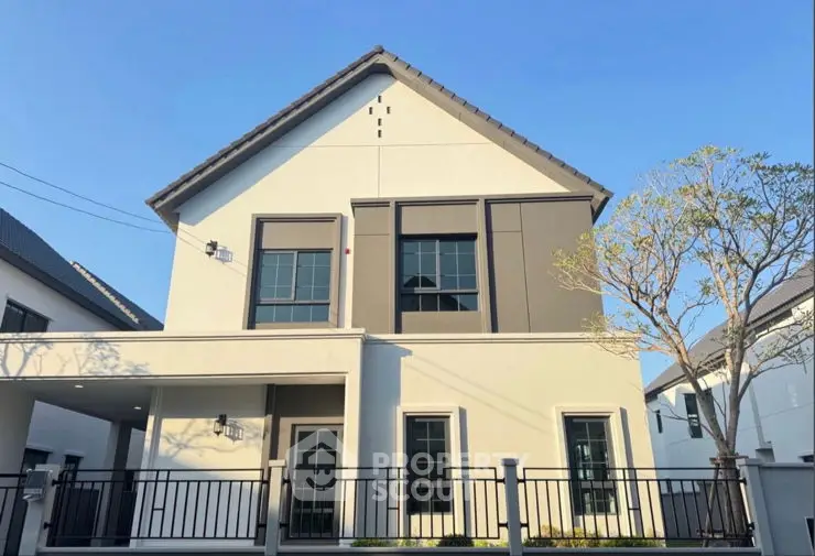 Modern residential building with balconies and clear blue sky