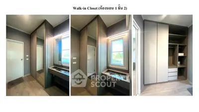 Spacious walk-in closet with custom shelving and ample storage, featuring a built-in vanity desk, sleek design, and natural light.