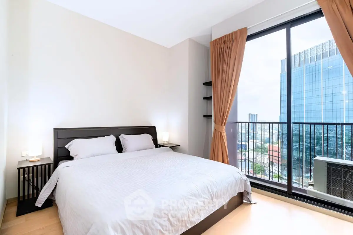 Modern bedroom with city view and large window, featuring a cozy bed and elegant decor.