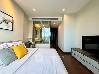 Luxurious modern bedroom with city view and stylish decor