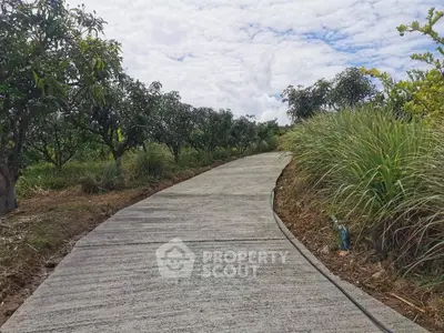 Scenic pathway through lush garden with vibrant greenery and clear sky