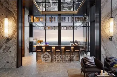 Luxurious modern living room with stunning city view and elegant decor