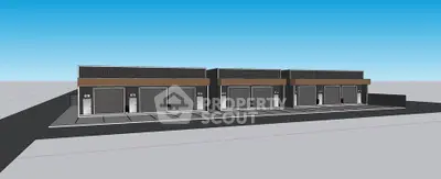 Modern industrial storage units with sleek design and ample parking space.