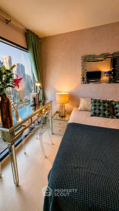 Luxurious bedroom with stunning city view and elegant decor