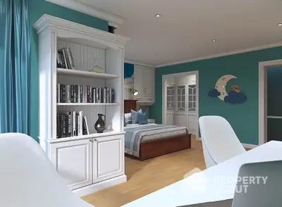 Spacious bedroom with elegant decor and built-in bookshelf