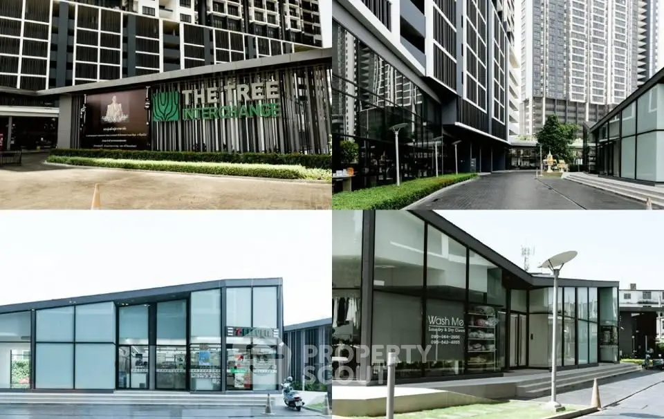 Modern urban building complex with sleek glass facades and commercial spaces.