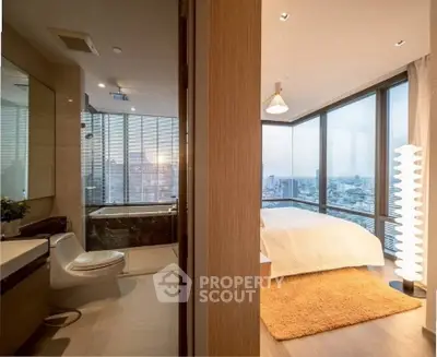 Luxurious high-rise apartment with stunning city views, featuring a modern bathroom and cozy bedroom.