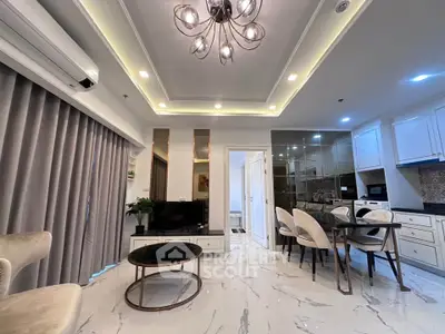 Luxurious modern living room with elegant dining area and stylish lighting