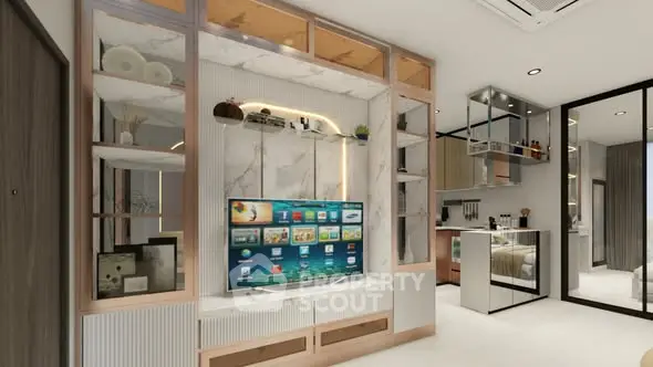 Modern living room with sleek entertainment center and open kitchen layout