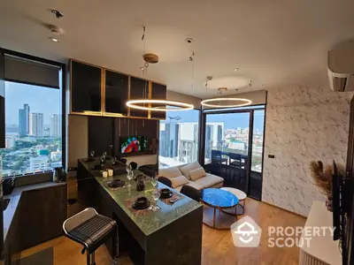 Luxurious open-plan living space with modern kitchen, elegant dining area, and cozy lounge, boasting panoramic city views through floor-to-ceiling windows.