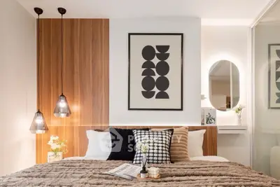 Stylish modern bedroom with cozy decor and elegant lighting