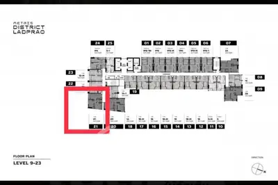 Floor plan of Metris District Ladprao Level 9-23 with highlighted unit 21.