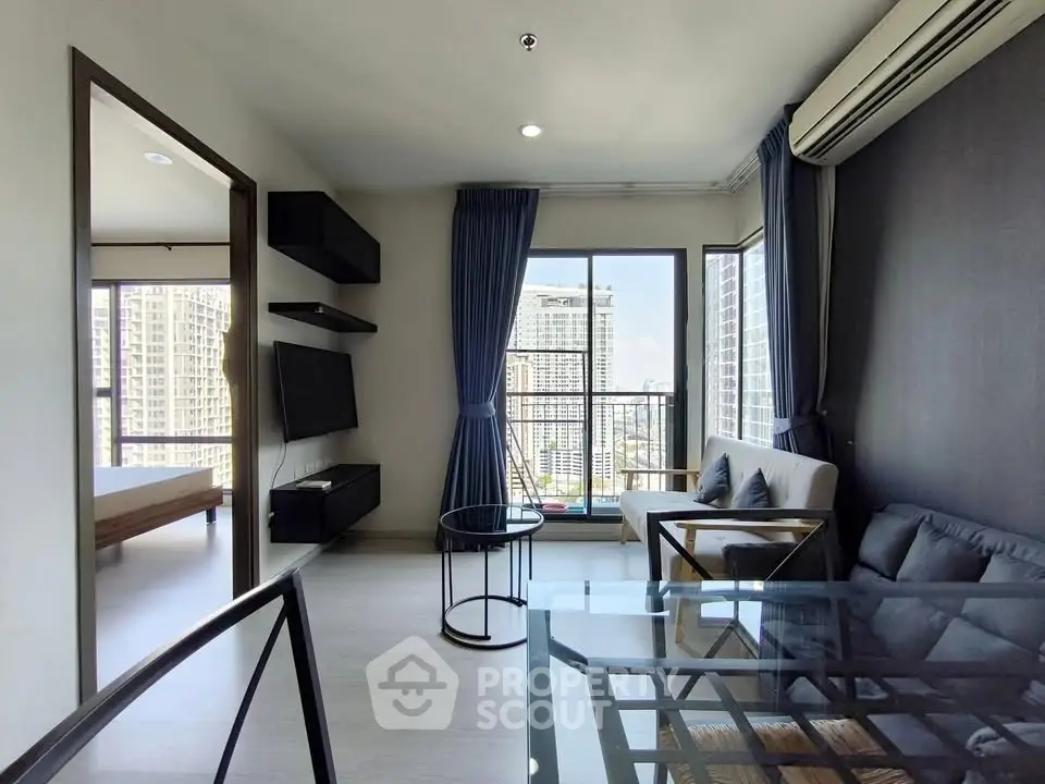 Modern living room with city view and stylish furnishings