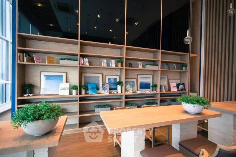 Modern co-working space with stylish wooden shelves and natural light