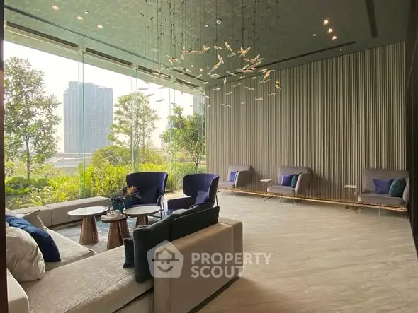 Luxurious modern living room with floor-to-ceiling windows and elegant decor.