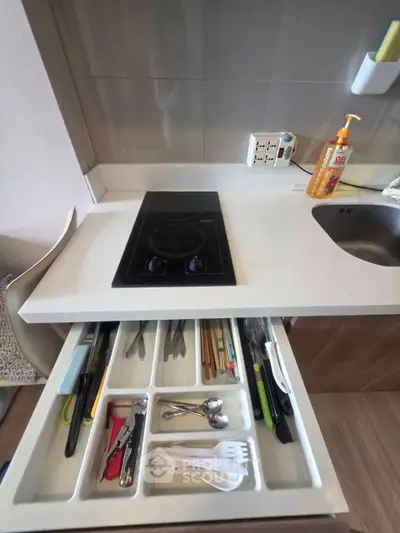 Modern kitchen with sleek induction cooktop and organized utensil drawer
