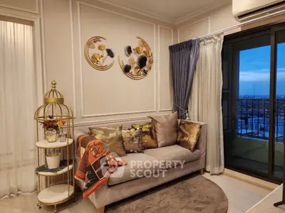 Elegant living room with cozy sofa and balcony view