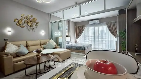 Modern open-plan living room with cozy sofa and stylish decor