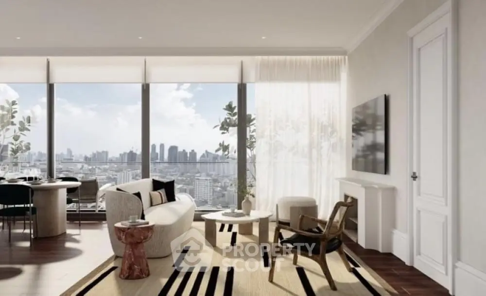 Luxurious living room with panoramic city view and elegant modern furniture