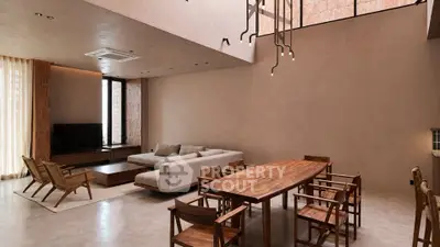 Spacious modern living room with elegant wooden furniture and natural lighting