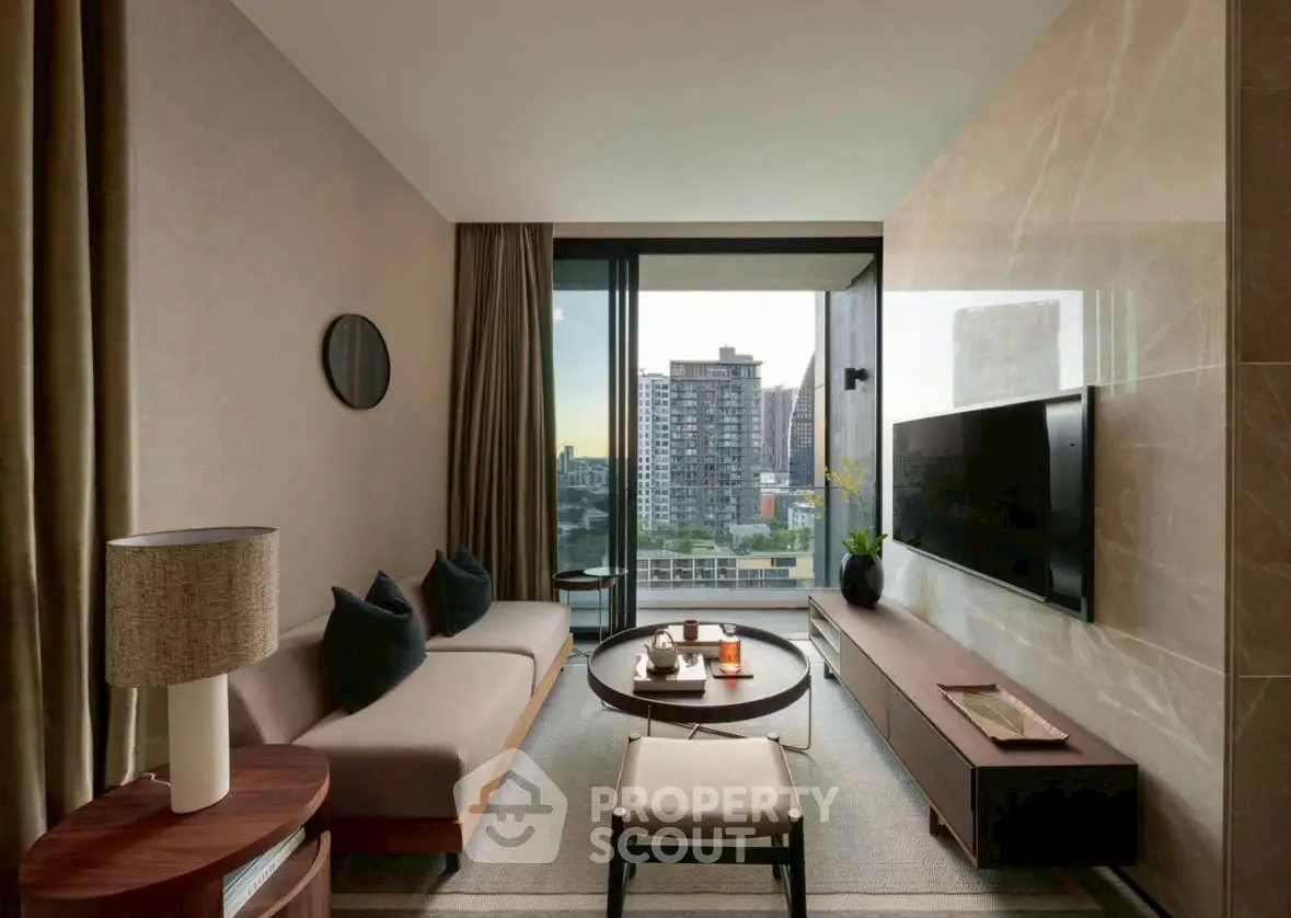 Modern living room with city view, stylish furniture, and large TV.