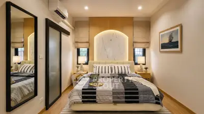 Luxurious modern bedroom with elegant decor and ambient lighting