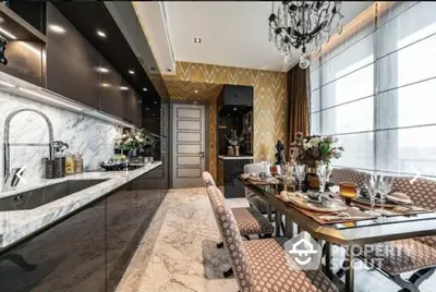 Luxurious modern kitchen with elegant dining area and marble countertops