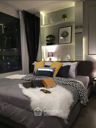 Luxurious modern bedroom with elegant decor and ambient lighting