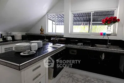 Charming kitchen with black countertops, modern appliances, and elegant decor in a cozy home setting.
