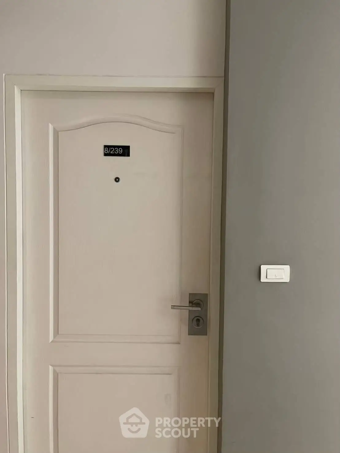 Modern apartment entrance with sleek white door and minimalist design.