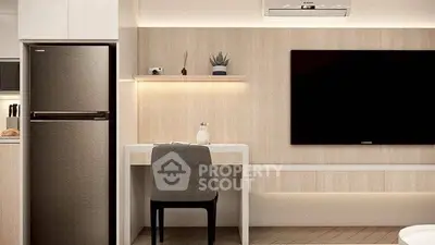 Modern living room with sleek fridge and stylish TV setup