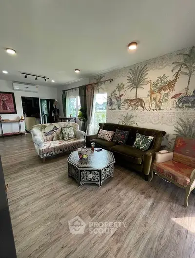 Stylish living room with eclectic decor and natural light