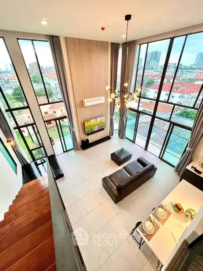 Stunning modern living room with floor-to-ceiling windows and city view, featuring elegant decor and open layout.