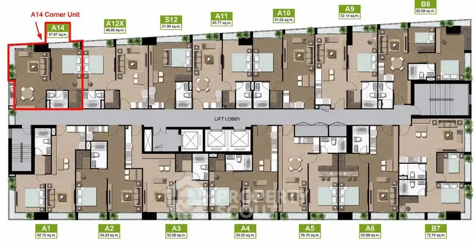 Floor plan layout showcasing multiple apartment units with dimensions and corner unit highlight.