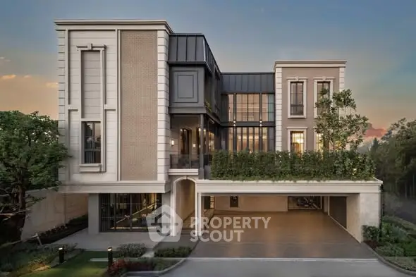 Luxurious modern building exterior with elegant design and spacious driveway