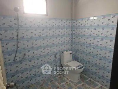 Spacious bathroom with modern toilet and shower, featuring blue floral tiles and natural light.