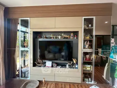 Stylish living room with modern entertainment center and decorative shelving