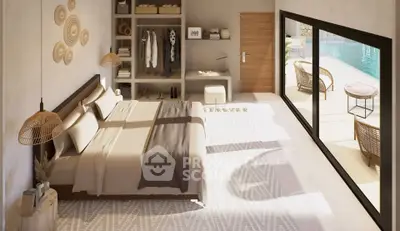 Luxurious bedroom with pool view and stylish decor
