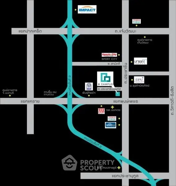 Map showing real estate locations near major roads and landmarks.