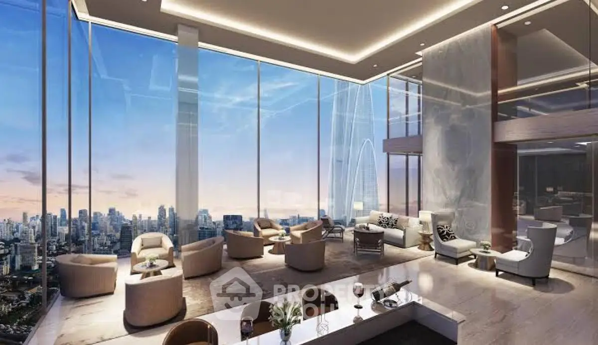 Luxurious high-rise living room with panoramic city views and elegant modern decor.