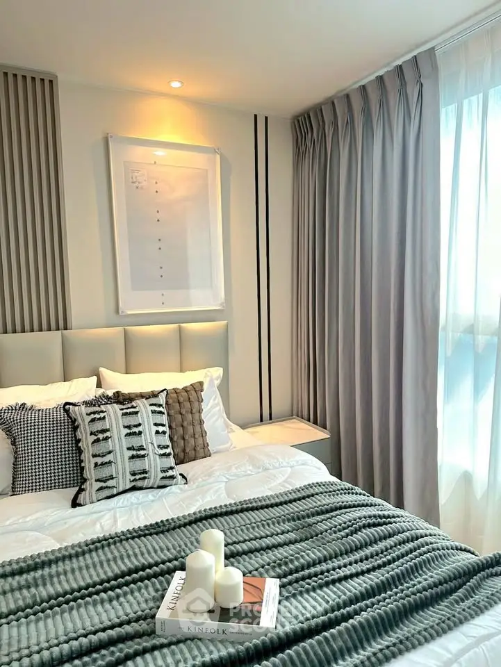 Elegant bedroom with cozy decor and natural light