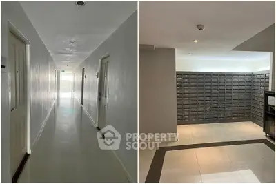 Modern apartment hallway and mailroom with sleek design and tiled flooring