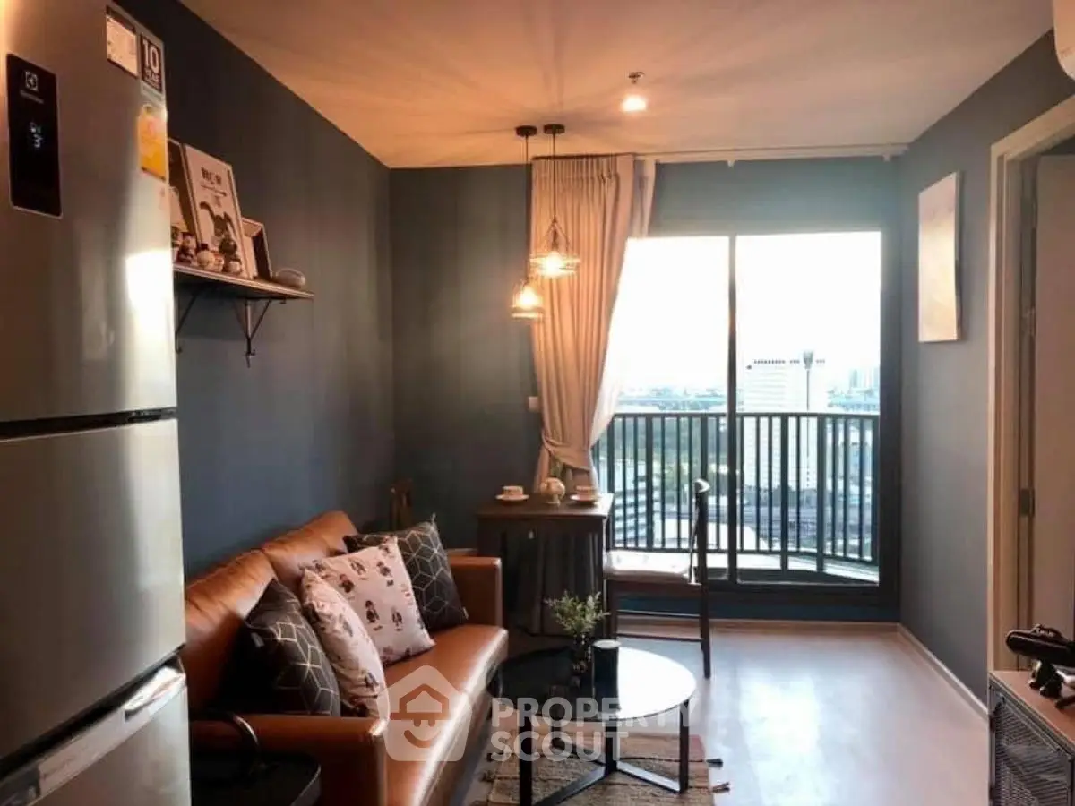 Chic modern living room with balcony view, stylish decor, and cozy ambiance in urban apartment.