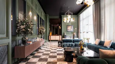 Luxurious living room with elegant decor, plush seating, and stylish lighting in a sophisticated setting.