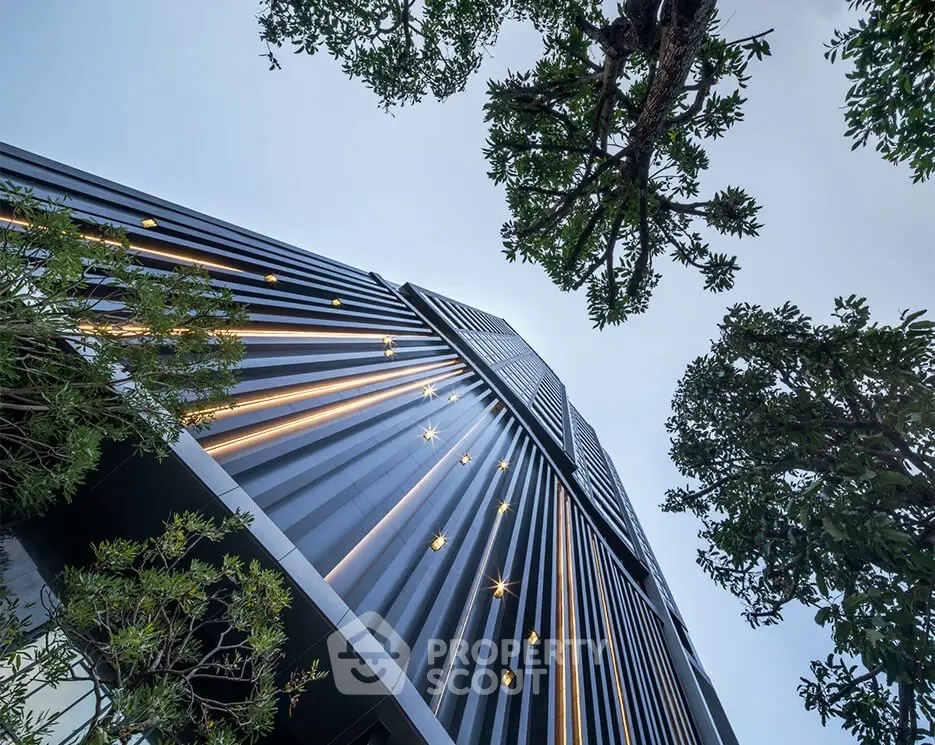 Stunning modern building exterior with sleek design and lush greenery
