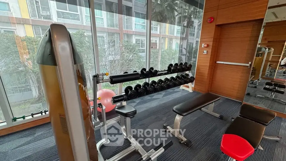 Modern gym with state-of-the-art equipment and large windows offering garden views.
