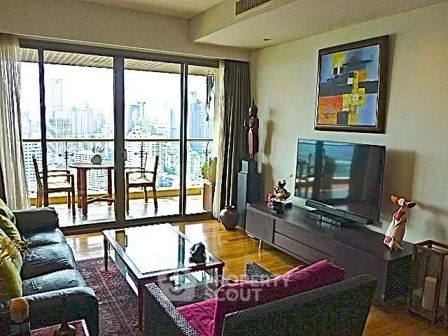 Luxurious living room with stunning city view and modern decor