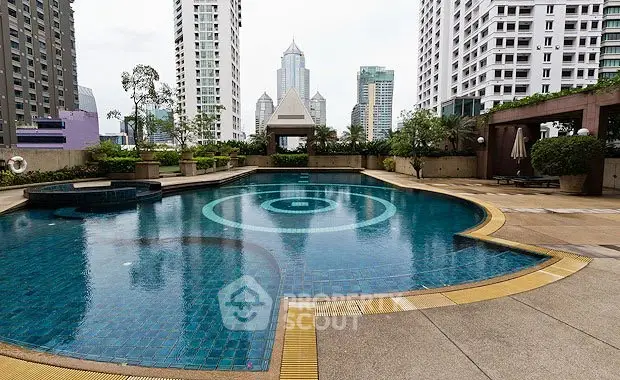 Luxurious rooftop pool with stunning city skyline views in a high-rise building.
