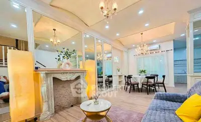 Elegant living room with modern decor, cozy seating, and ambient lighting, perfect for relaxation and entertaining.