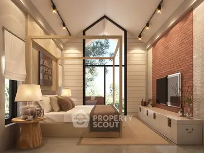 Luxurious bedroom with high ceiling and modern decor
